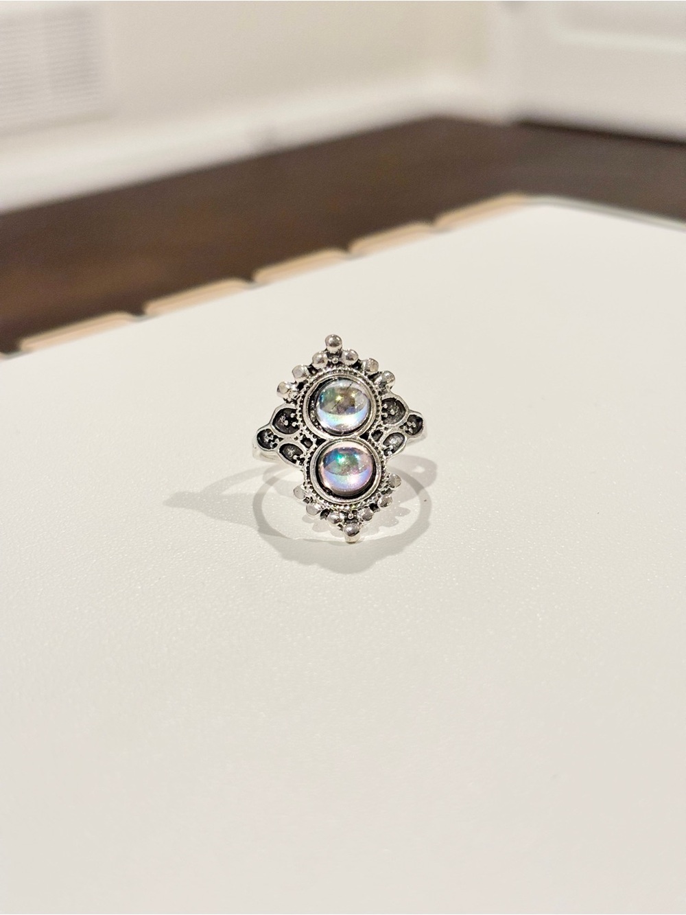 Vintage Silver Tone Size 8 Moonstone Filigree Statement Ring Boho